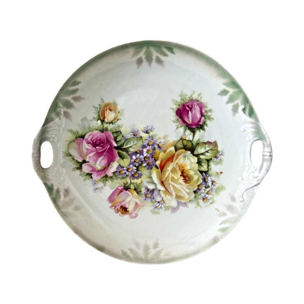 Vtg Sandwich Plate Handled Germany Pink Yellow Roses Porcelain 1920's 30s Marked